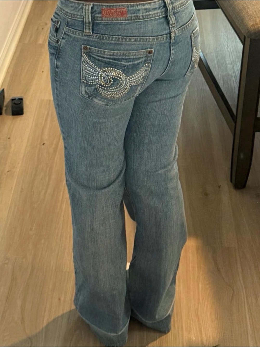 Light Blue Bootcut Jeans with Rhinestone Pocket - Women